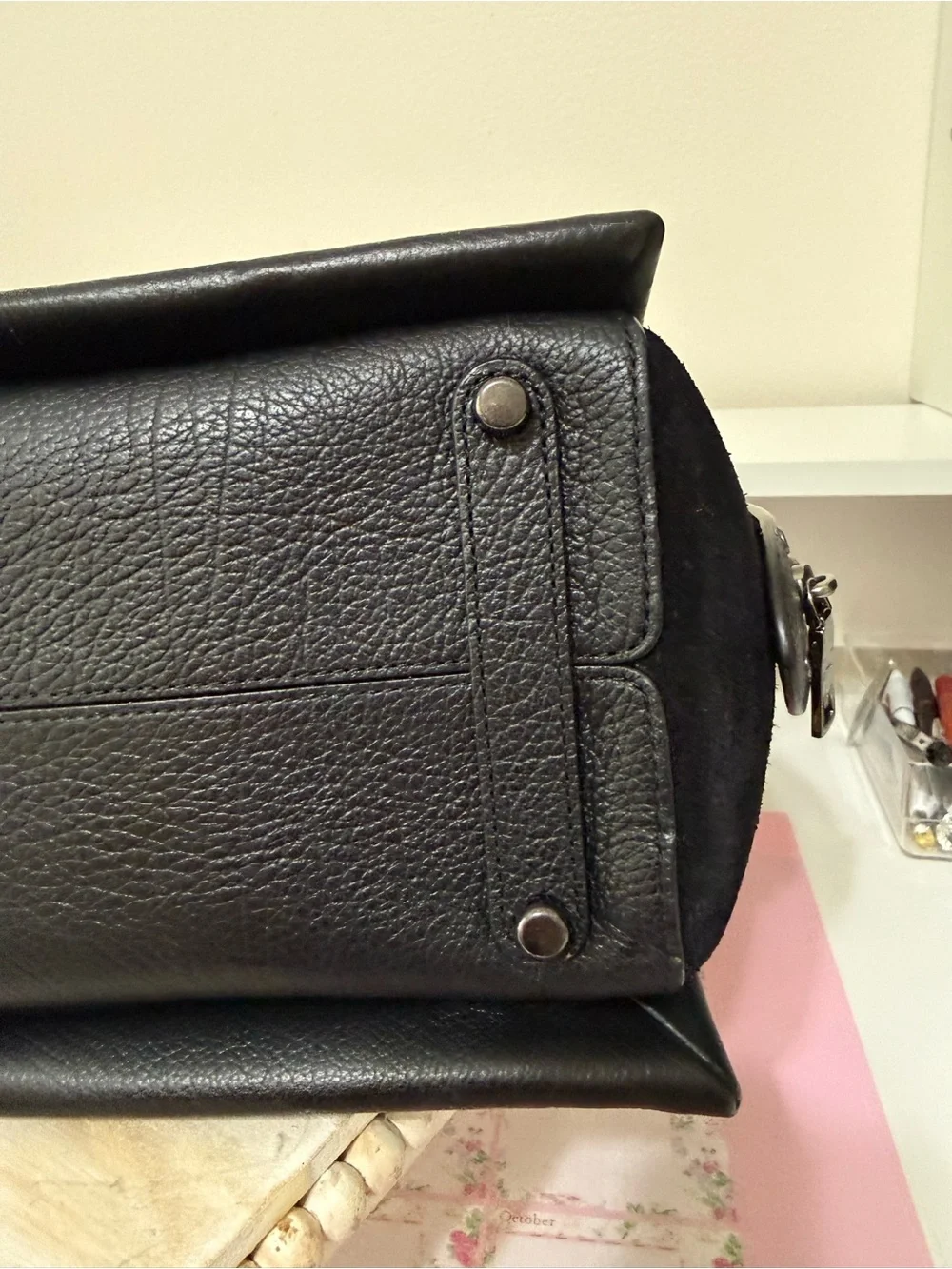 Coach Black Pebbled Leather Satchel with Suede Sides And Crossbody Strap